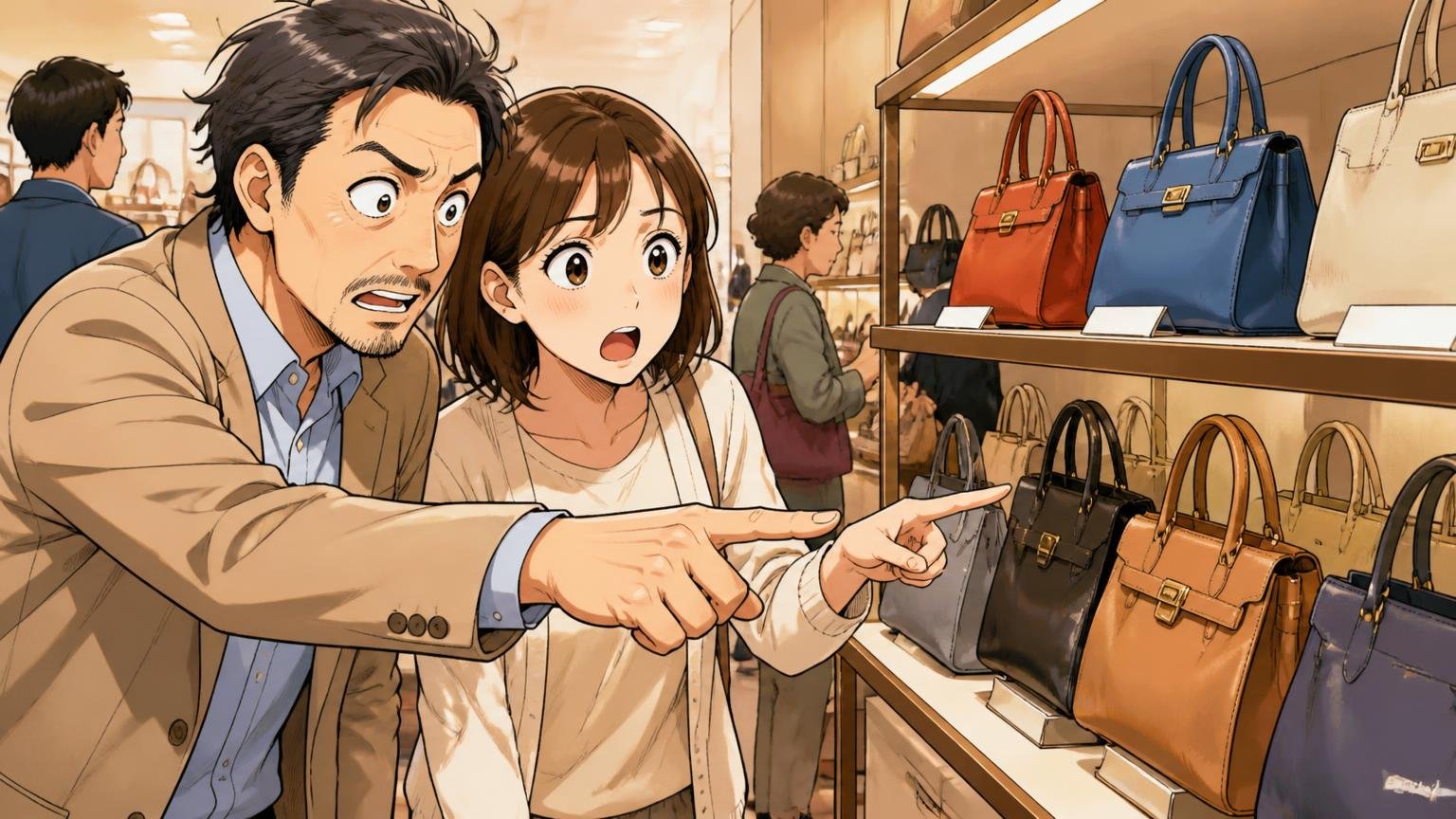 赤バッテン・青バッテン現行6シリーズの素材と価格帯 百貨店のバッグ売り場で棚に並ぶバッグを見比べる場面 40代男性と30代女性の2人が真剣に指をさす