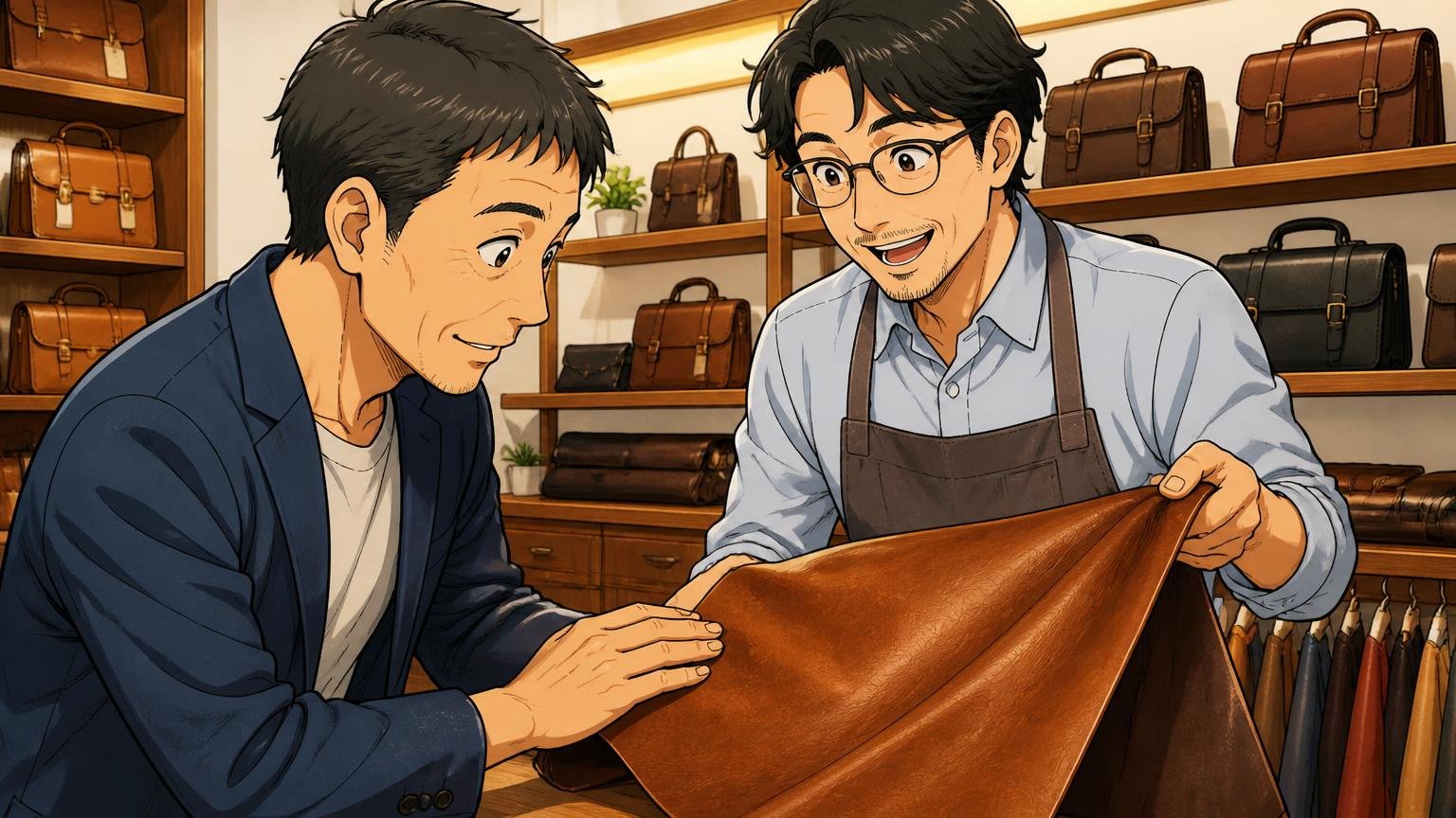 店員の接客が丁寧で、押し売りされない|ショップの店内で店員が40代男性に革の手触りを笑顔で説明する場面