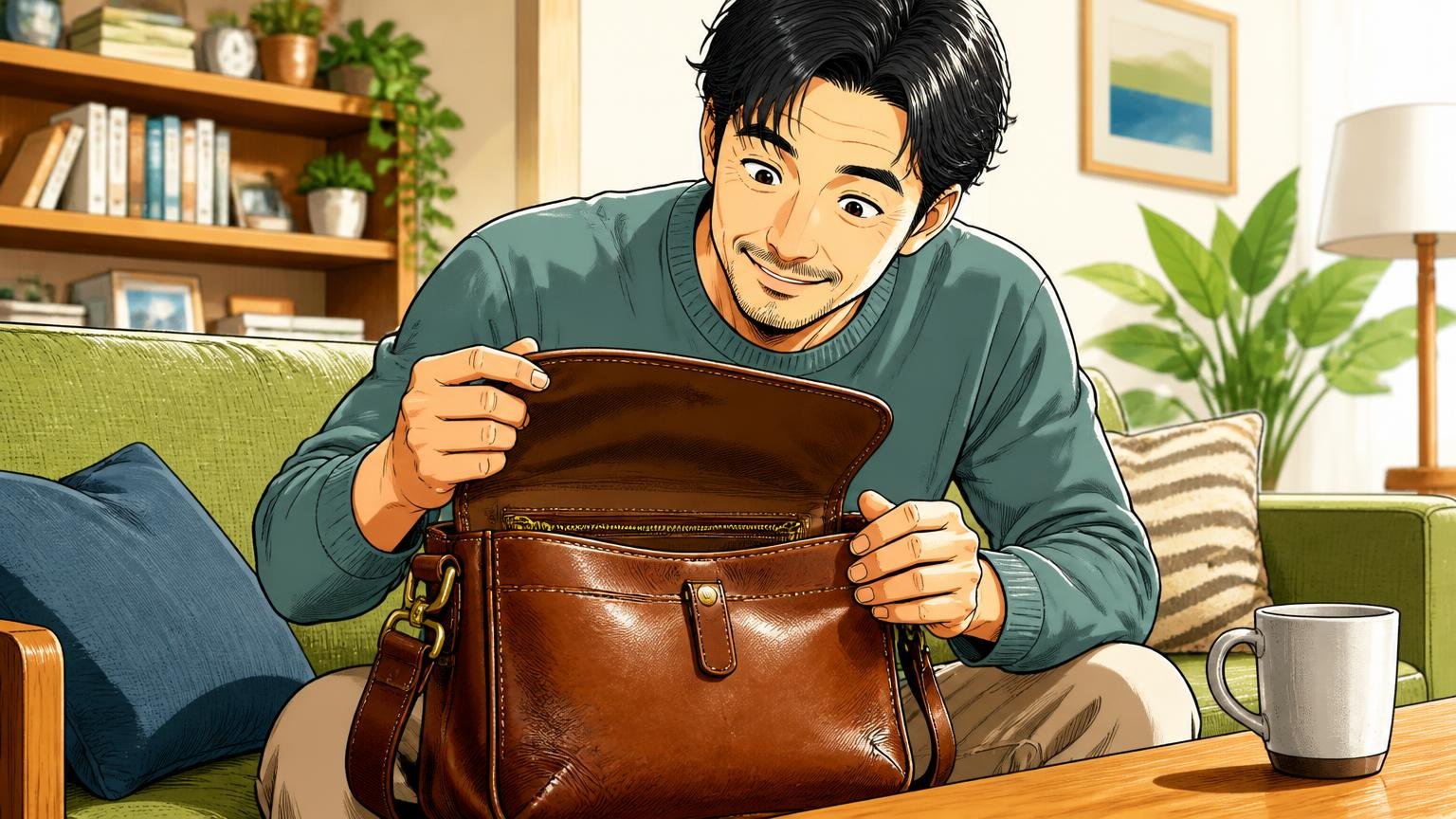 経年変化を楽しめて、修理にも快く応じてもらえたという声 自宅のリビングで修理から戻った革のバッグを開ける40代男性1人がほっと笑顔になる場面