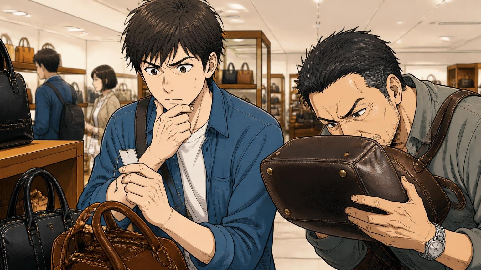 「本革」の表示だけでは、自立するかは分からない、百貨店の鞄売り場で値札を見つめる20代の男性と、隣で革の底をのぞき込む40代の男性の2人