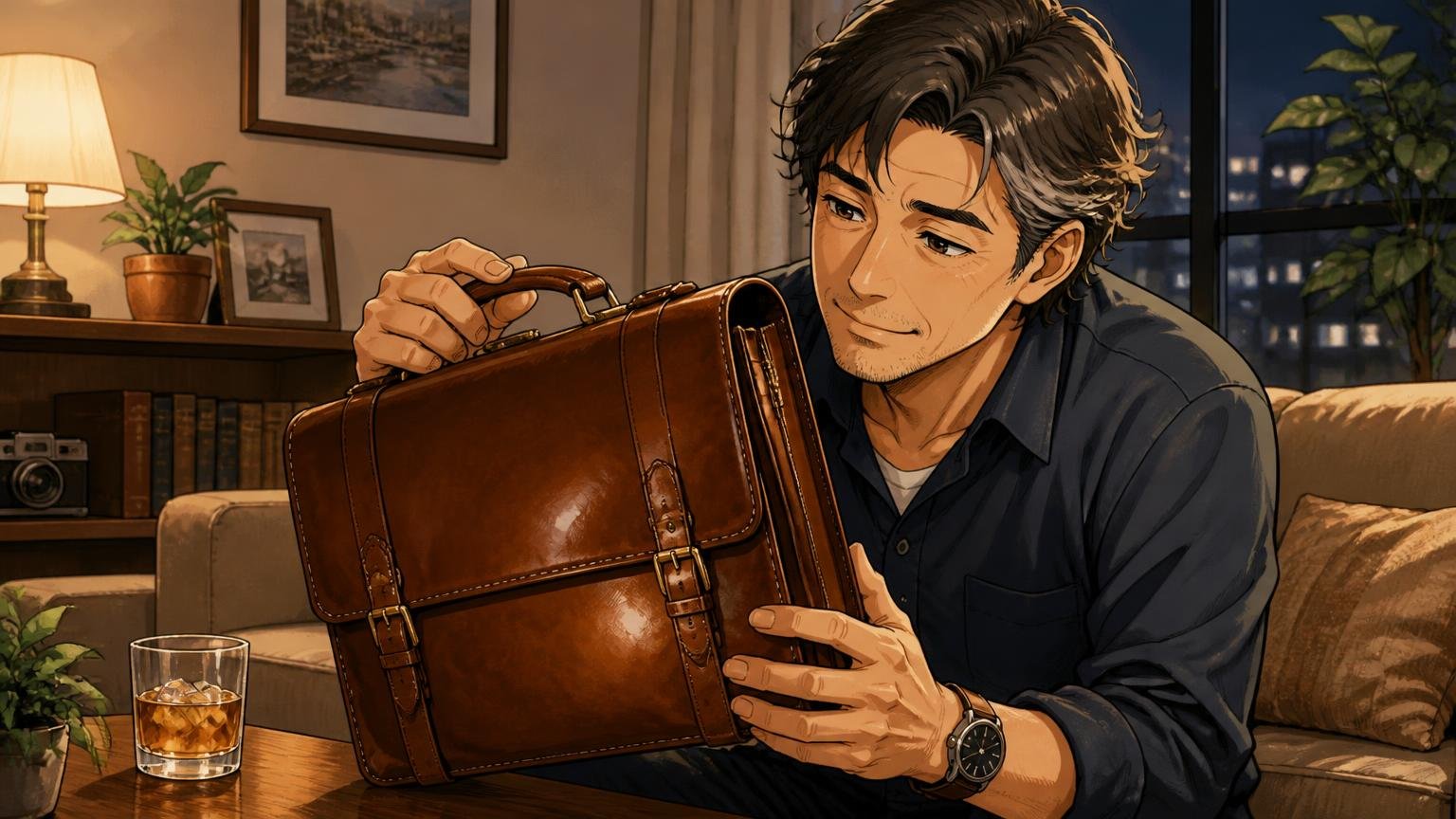 使うほど艶が増し飴色に育っていく。夜のリビングで色が深まった革のブリーフケースを眺める40代男性1人
