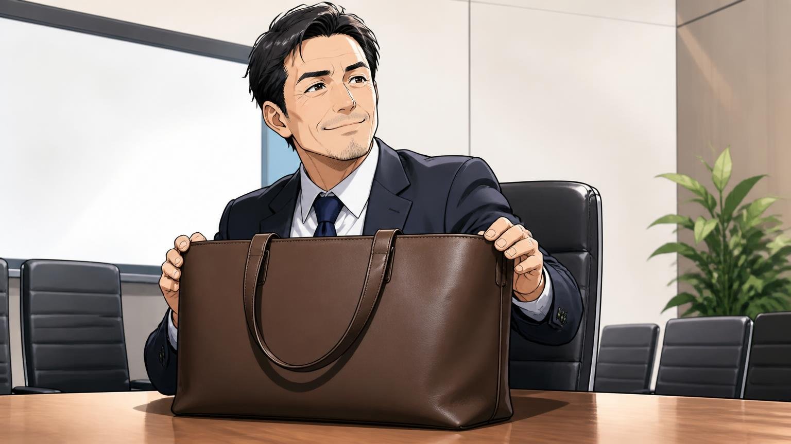 ロゴがどこにもない「自分だけの鞄」になる 商談前の会議室で無地の革バッグを机に置く場面 40代男性1人が誇らしげに微笑む