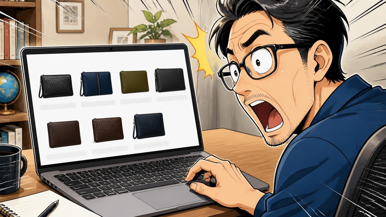 公式通販のクラッチ7モデルを比べると、本革（牛革）は2モデルだけ 自宅の書斎でノートパソコンの商品ページを見比べる40代男性1人が目を見開く