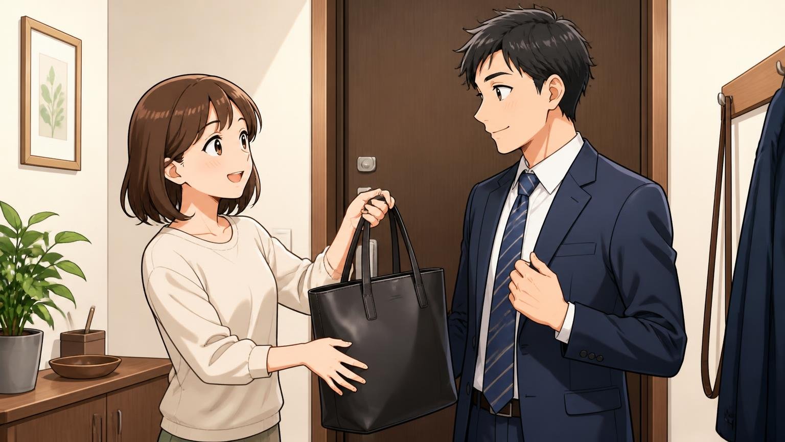 スーツにもオフィスカジュアルにも合うシンプルなデザイン、玄関でスーツ姿の夫に革トートを手渡し微笑む妻と夫の2人