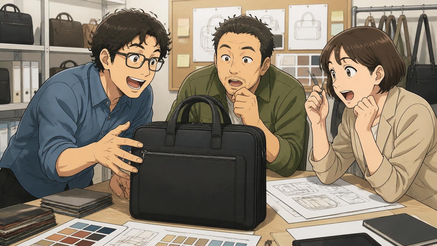 ビジネスバッグの多くは、鞄の会社イケテイがライセンスで手がけている 鞄メーカーの企画室で試作の鞄を囲み話し合う社員3人