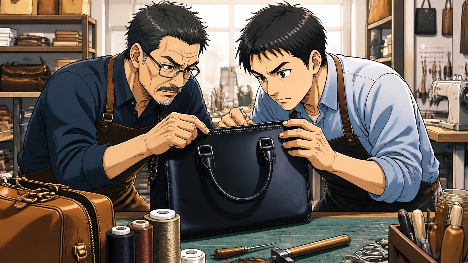 日本のビジネスバッグは大阪の鞄会社がライセンス契約で企画・販売している 鞄工房の作業台で職人がバッグを仕上げる場面 職人2人が真剣な表情で縫い目を確かめる