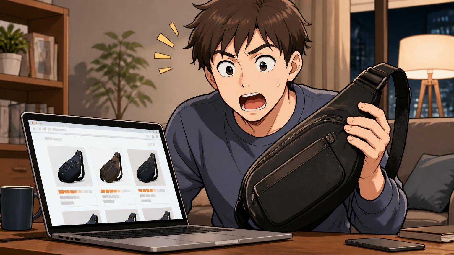 公式通販のボディバッグは3〜5万円台。主流は「ナイロン+付属革」。夜のリビングで男性1人がノートパソコンの通販画面とボディバッグを見比べ、目を丸くする場面