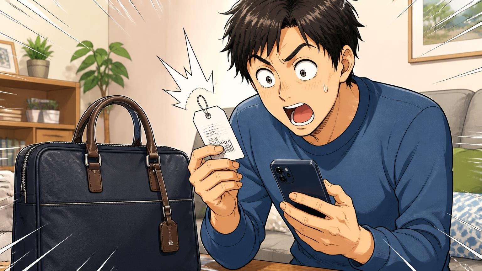 素材はナイロン×牛革が中心、公式通販のビジネスバッグは6万〜9万円台 自宅のリビングでバッグの値札とスマホの画面を見比べて目を丸くする男性1人