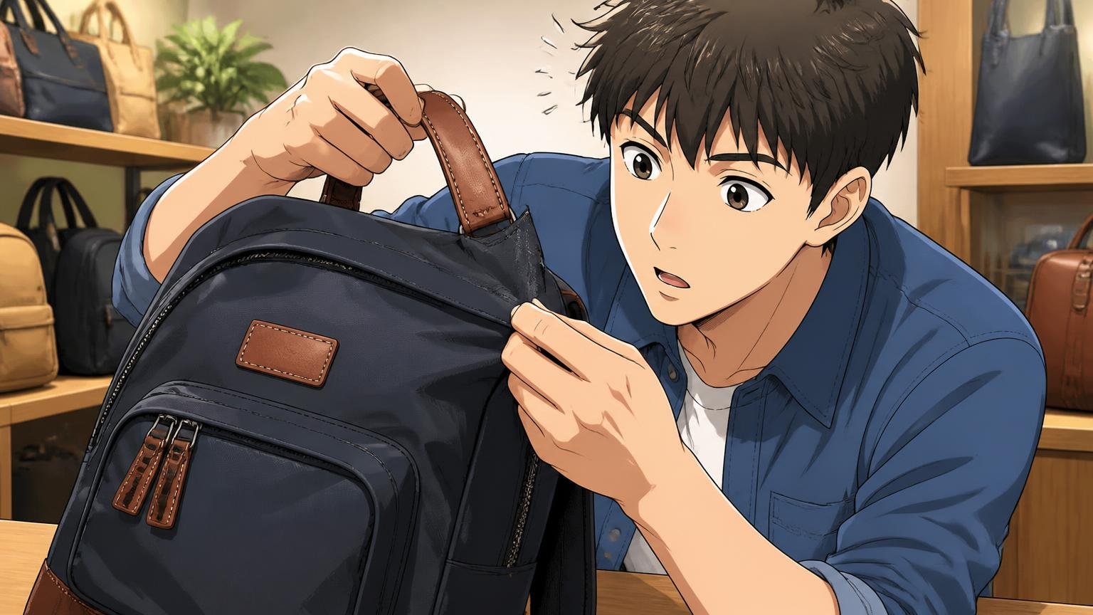 本体はナイロン、革は「附属」という作り、ショップのカウンターでリュックの持ち手の革とナイロン生地を見比べる男性1人の場面