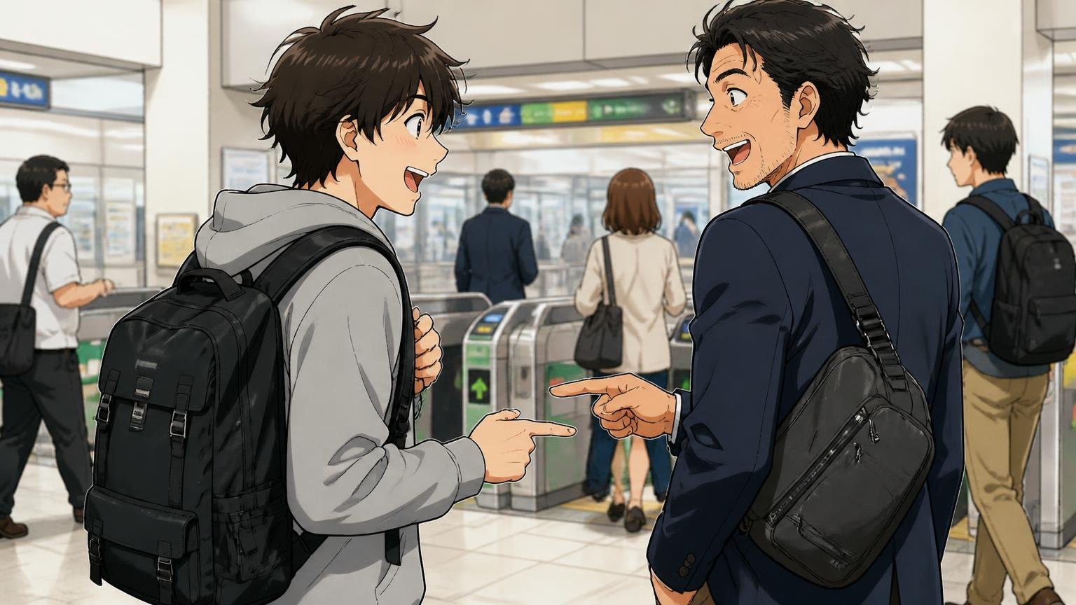 「カッコいい」「買ってよかった」という声も多い、駅の改札前でリュックを背負った若手と40代の男性が互いの鞄を褒め合う場面
