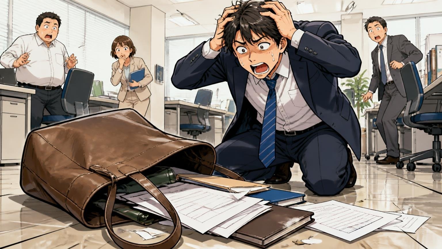 柔らかい革ほど自立せず、中身が倒れて底に沈む、オフィスの床で倒れた革トートから書類が滑り出て男性が頭を抱える場面