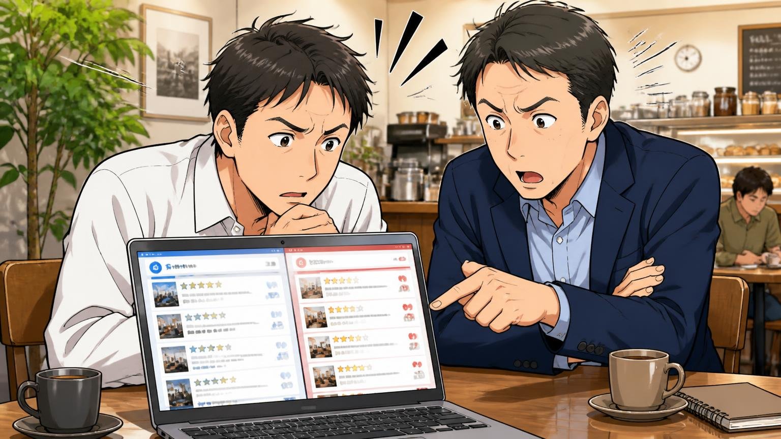 口コミの「出どころ」で温度がまるで違う カフェの席でノートPCに並ぶ口コミサイトを見比べて眉を寄せる40代男性と同僚の2人