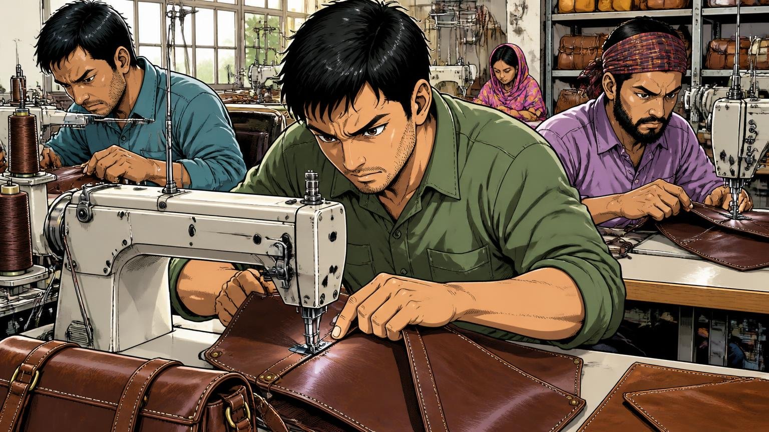 日本で企画し、バングラデシュの自社工場で作っている 革バッグの縫製工場の作業台 職人3人が真剣に革を縫い合わせる