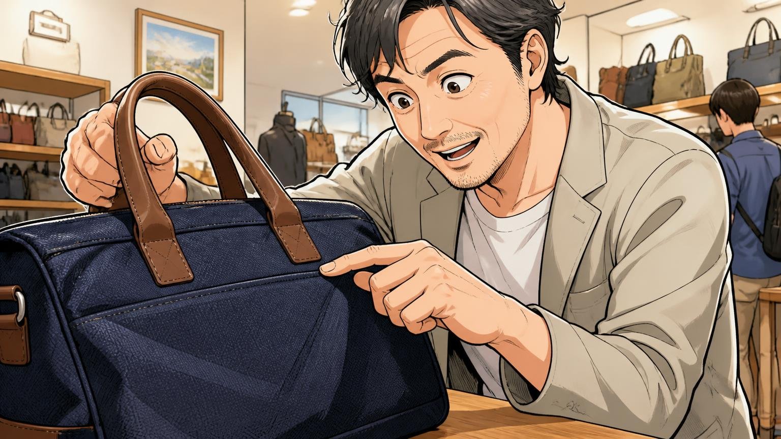 主役は「2520Dのバリスターナイロン」で、革は持ち手などの一部　店頭のテーブルで40代男性がナイロン生地と革の持ち手を指でなぞり感心する場面