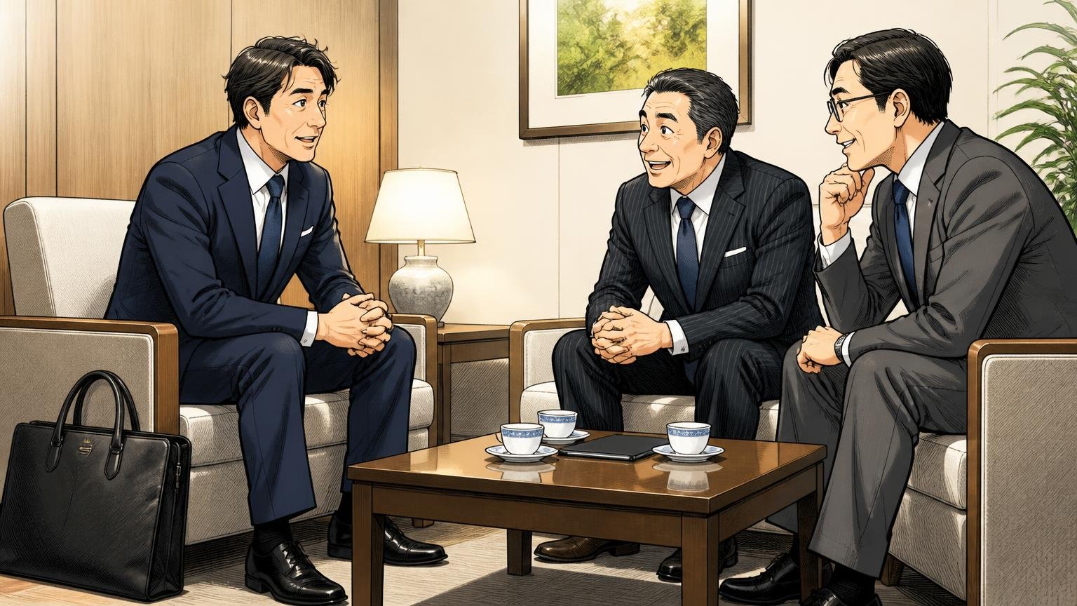 ブランドが目立ちにくい上品さを評価する声。商談前の応接室で無地の革バッグを足元に置く40代男性と取引先の2人