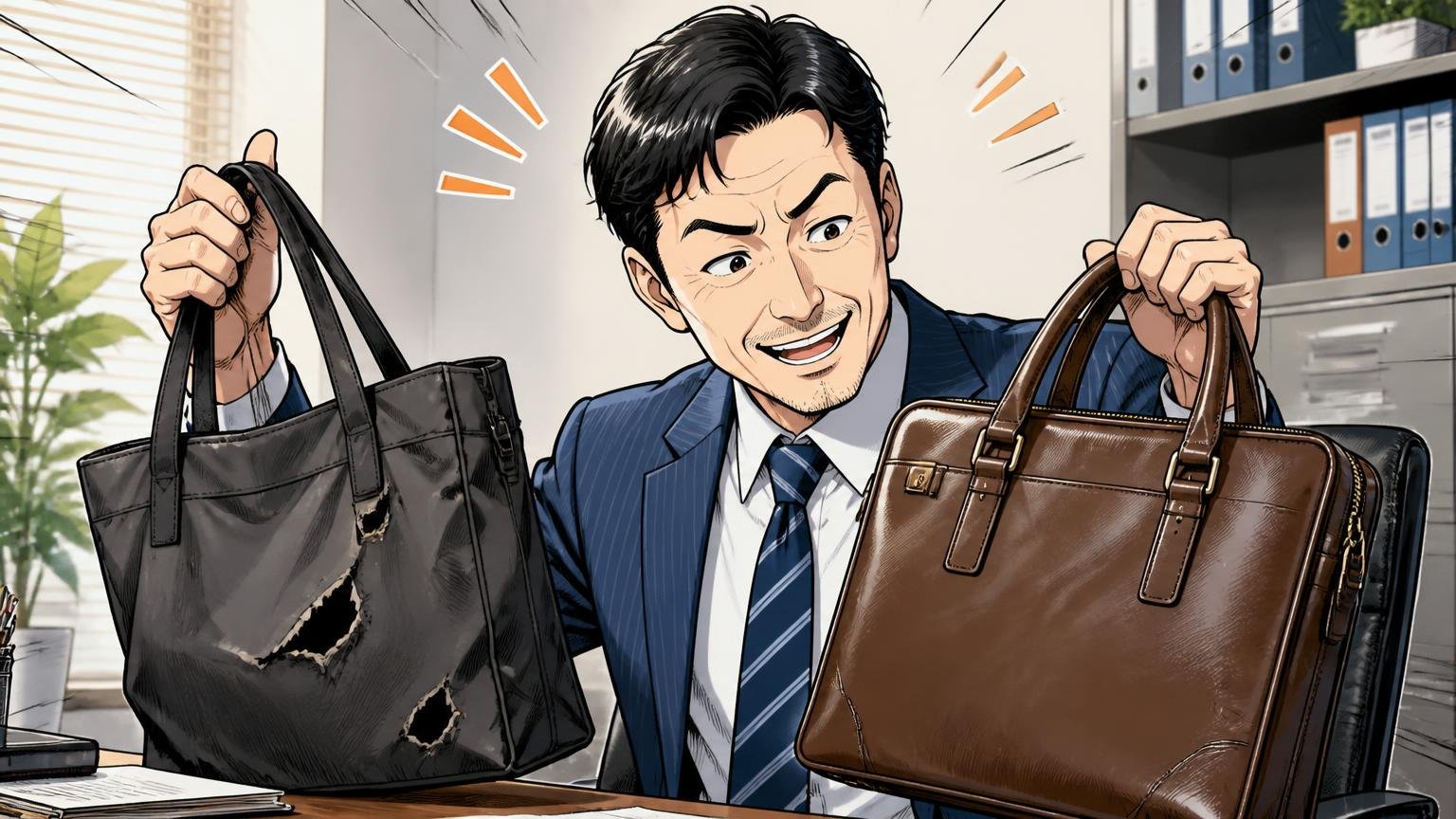 40代の管理職としてナイロンからの買い替えで満足 オフィスのデスク脇で破れたナイロンバッグと革のビジネスバッグを見比べる40代男性1人の場面