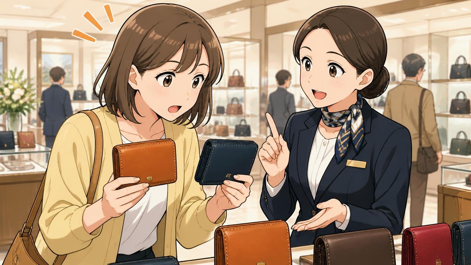 自社ブランドとライセンスブランドの違い。百貨店の売場で2種類の革財布を見比べながら店員に質問する30代女性1人と店員1人