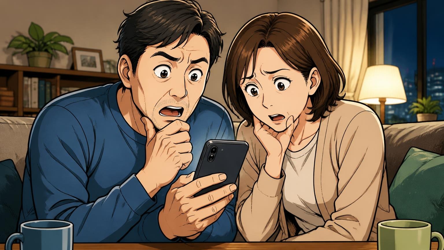 星5のレビューにも「小さな不満」が隠れている 夜のリビングでスマホのレビューを読む40代夫婦2人が画面をのぞき込む場面