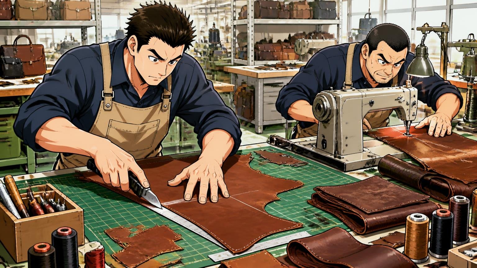 ISO取得の自社工場で裁断から修理まで行う 鞄工場の作業台で職人2人が革を裁断し縫製する場面