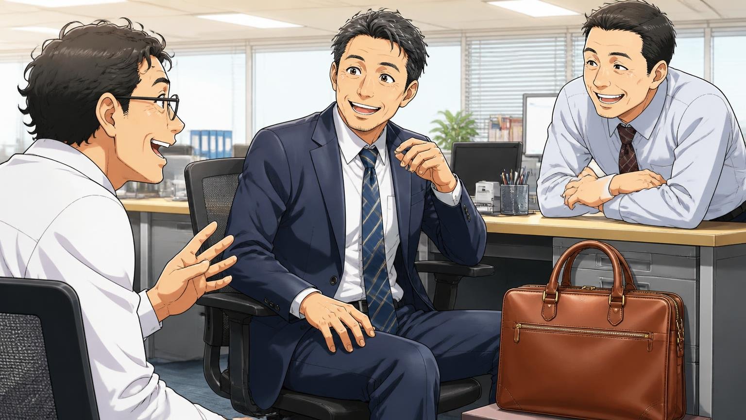 40代男性の購入者「営業先でも話題に」「革の質も縫製もキッチリ」、オフィスのデスク脇に革のビジネスバッグを置き同僚2人と談笑する男性