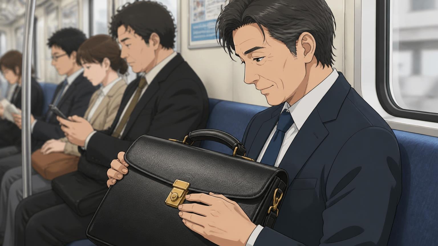 ロゴを主張しないデザイン、黒革×ゴールド金具。通勤電車の座席で膝に置いた革のブリーフケースの金具を眺める40代男性の穏やかな横顔