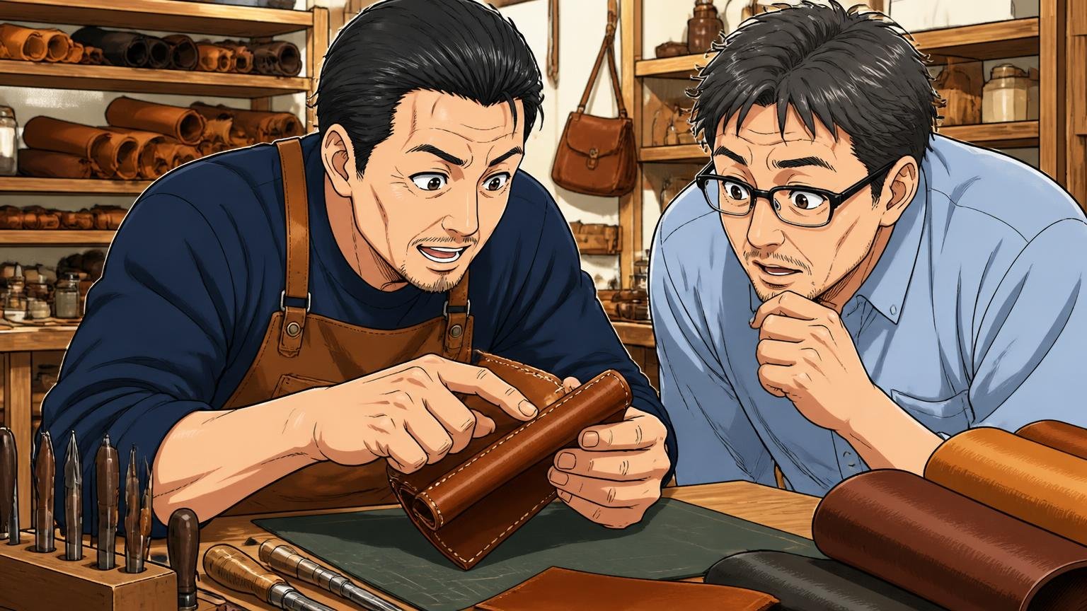 全製品を日本国内の工房で製作｜革は産地・タンナー名まで開示。革工房の作業台で縫い目を確かめる職人1人と見学する40代男性1人が身を乗り出す場面