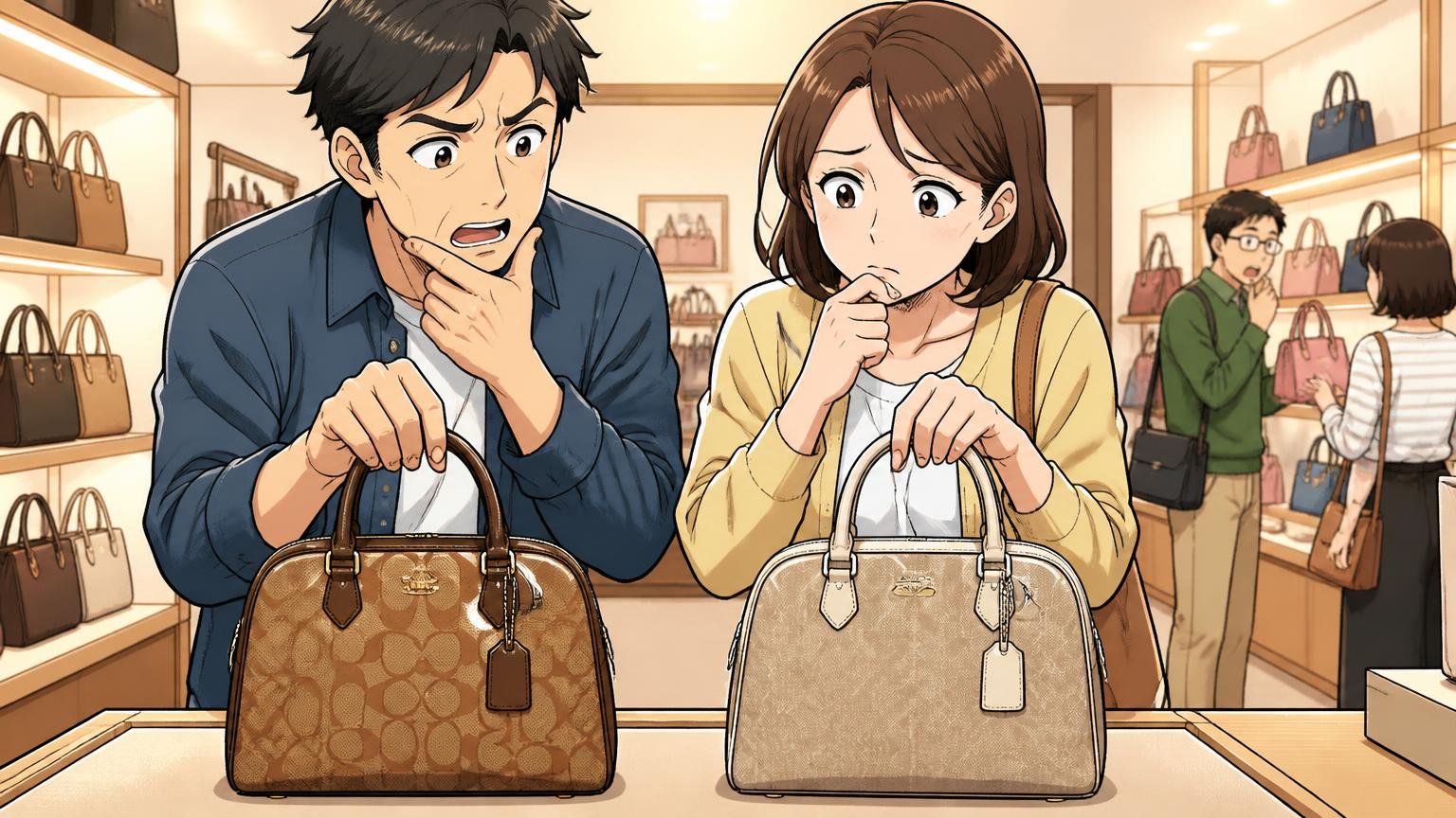 同じコーチでも「正規店」と「アウトレット」で中身が違うことがある アウトレットの店頭で2つのバッグを見比べ悩む夫婦2人