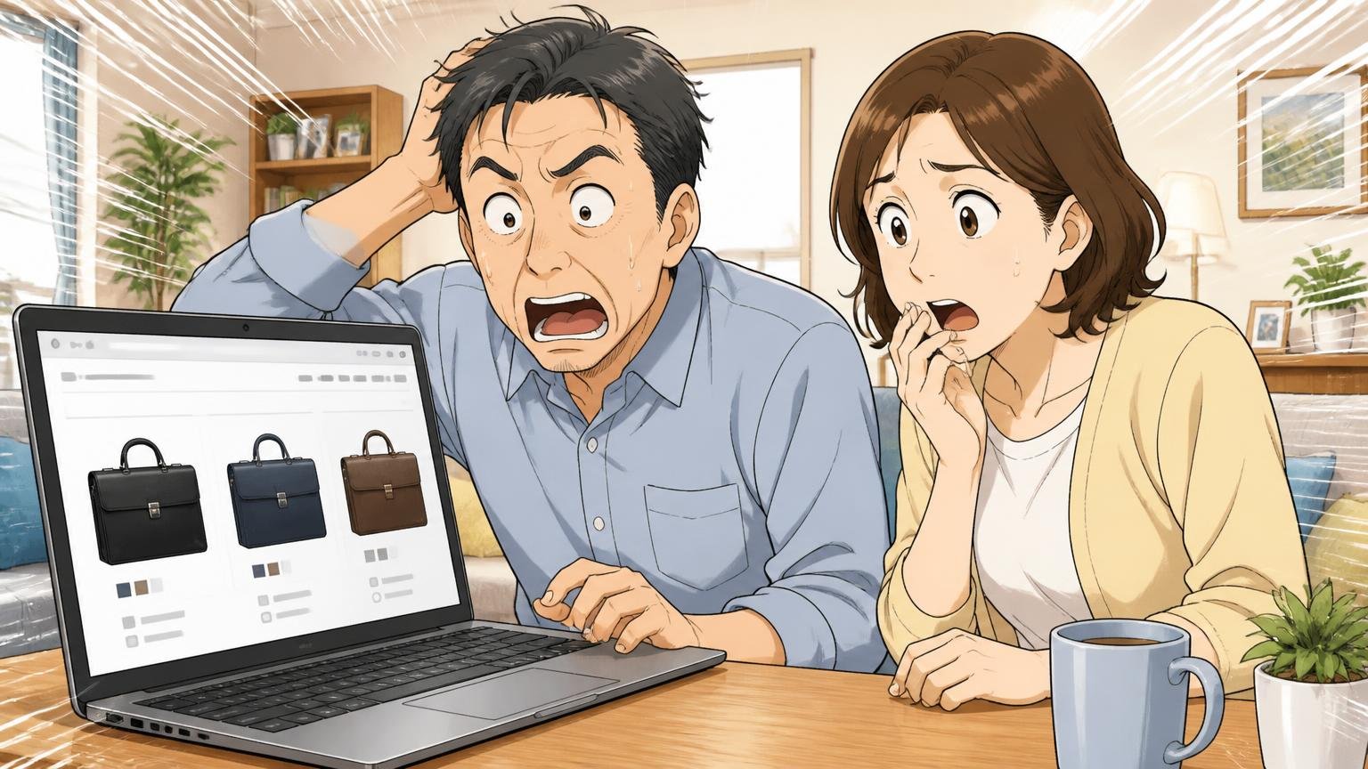 現行のビジネスバッグは3シリーズ、公式価格は約36万円から 自宅のリビングでノートパソコンの公式サイトの価格を見て目を見開く40代男性と妻の場面
