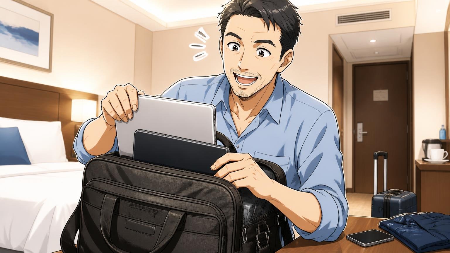 「作りがしっかり」｜収納力とPC・タブレットの入れやすさ　出張前のホテルの部屋でバッグにノートPCとタブレットを収めて満足げな40代男性