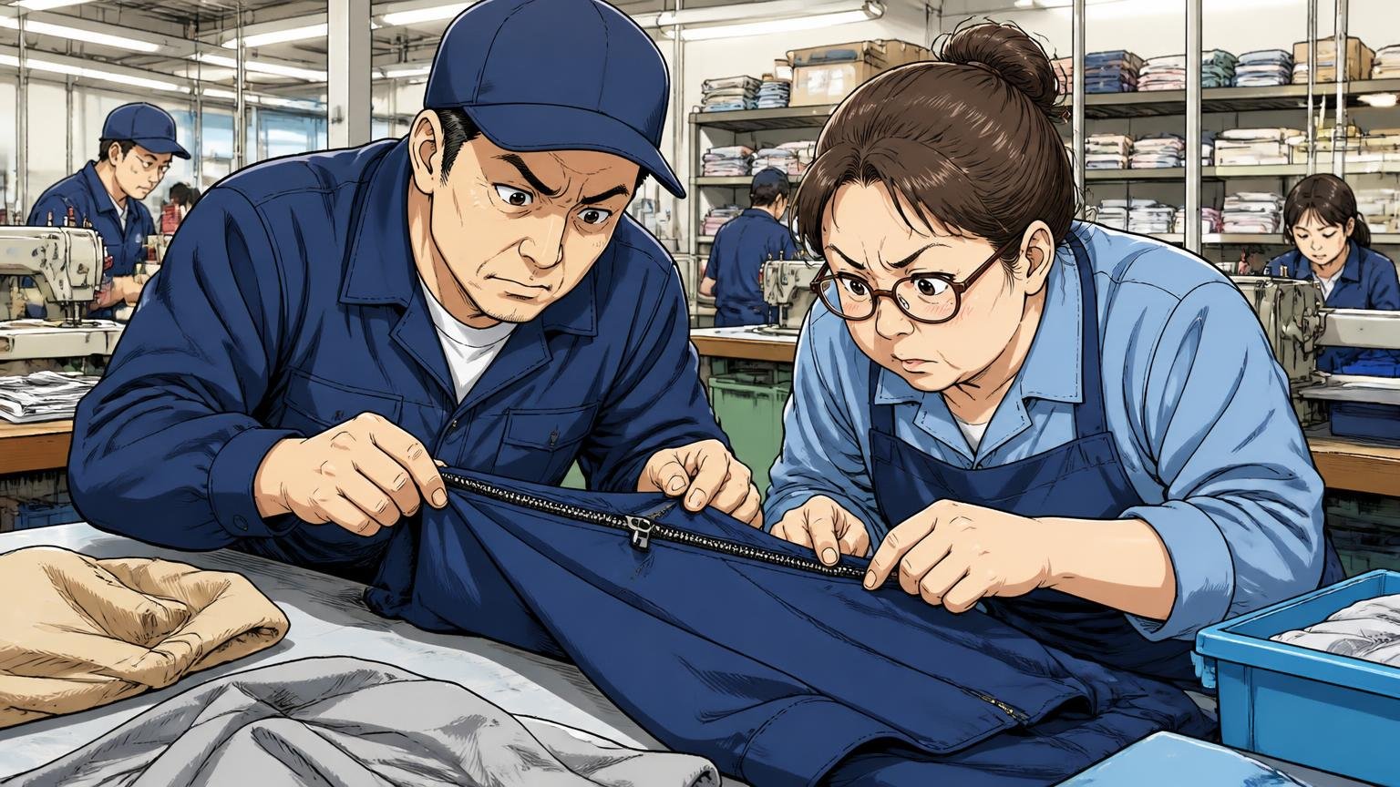 どこで作っている？日本製ラインと海外工場の「専用検品」体制 縫製工場の検品台で生地とファスナーを確かめる作業員2人