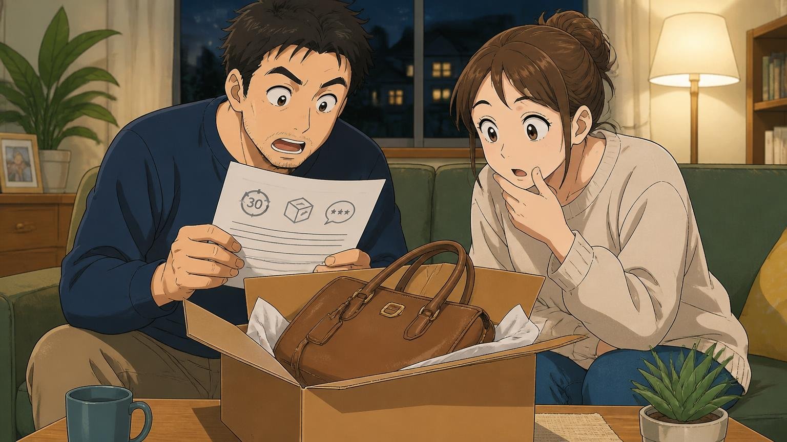 30日間の交換・返品とストア評価、夜のリビングで届いたバッグの箱を開けて返品条件の紙を確かめる夫婦2人