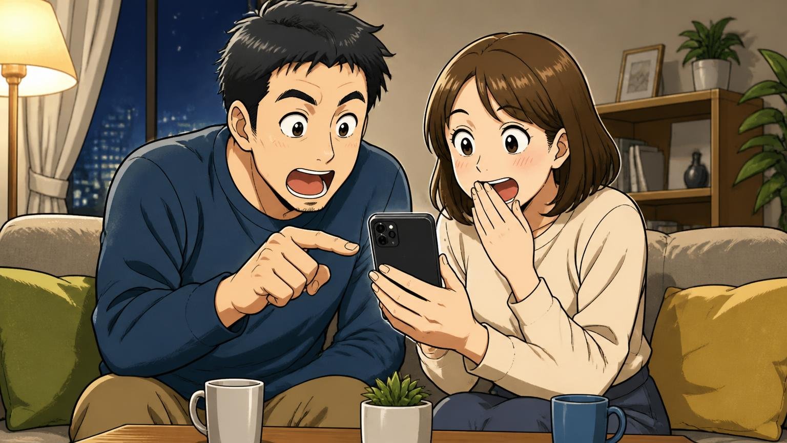 素材・生産地・保証は「商品ページの仕様欄」で確認できる 夜のリビングでスマホの商品ページを夫婦で確認する場面2人