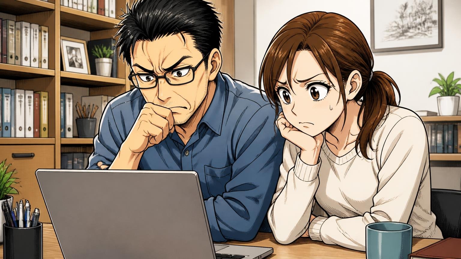 海外レビューサイトの不満の声は場の偏りも知って読む。自宅の書斎でノートパソコンの口コミ画面を見て眉をひそめる40代男性と30代女性