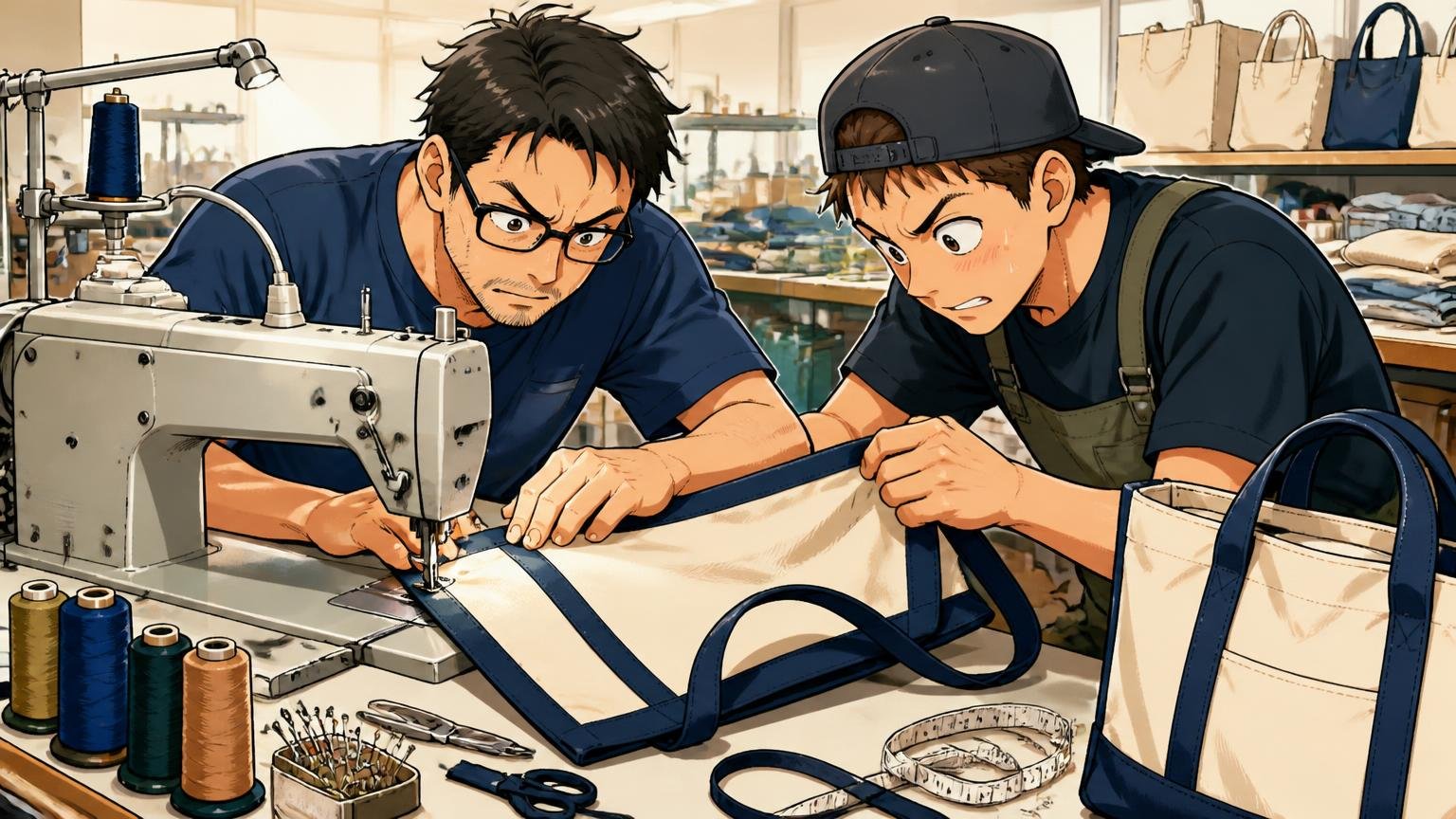 バッグをつくっているのは国内のライセンス企業 鞄工場の作業台で職人2人が布製のバッグを縫い合わせる場面