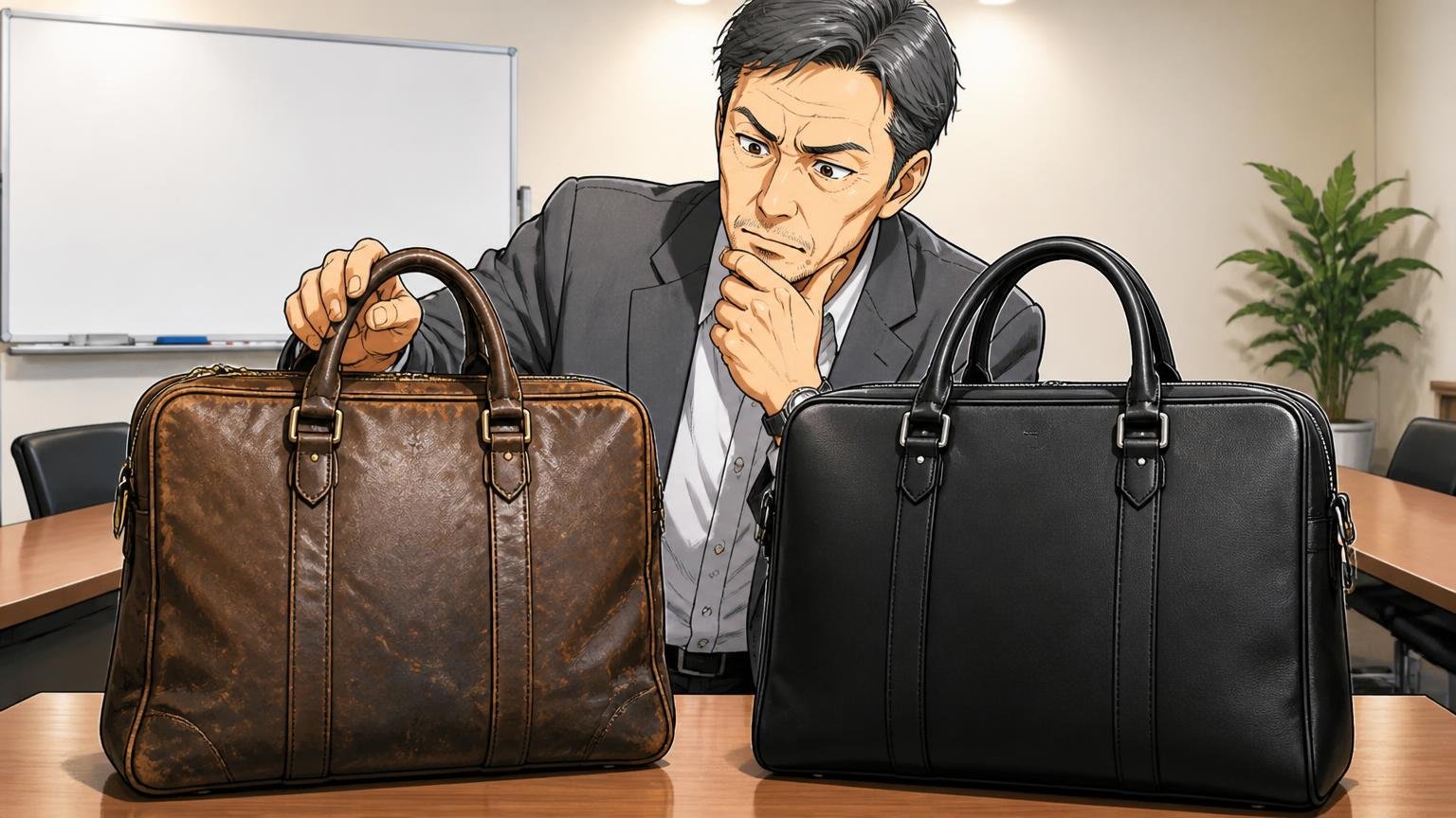 作りがしっかりしていて、何年も使い続ける人が多い 会議室で使い込んだバッグと新品を並べて見比べる50代男性1人