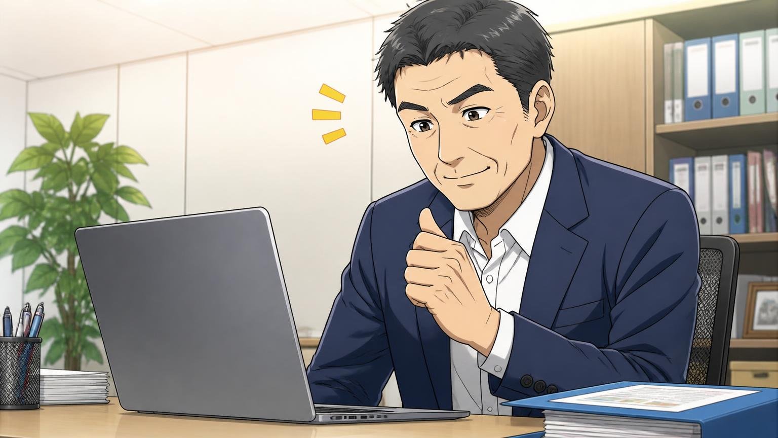 日本で企画販売しているのは東京の株式会社アセット オフィスのパソコンで会社案内を確認してうなずく40代男性1人