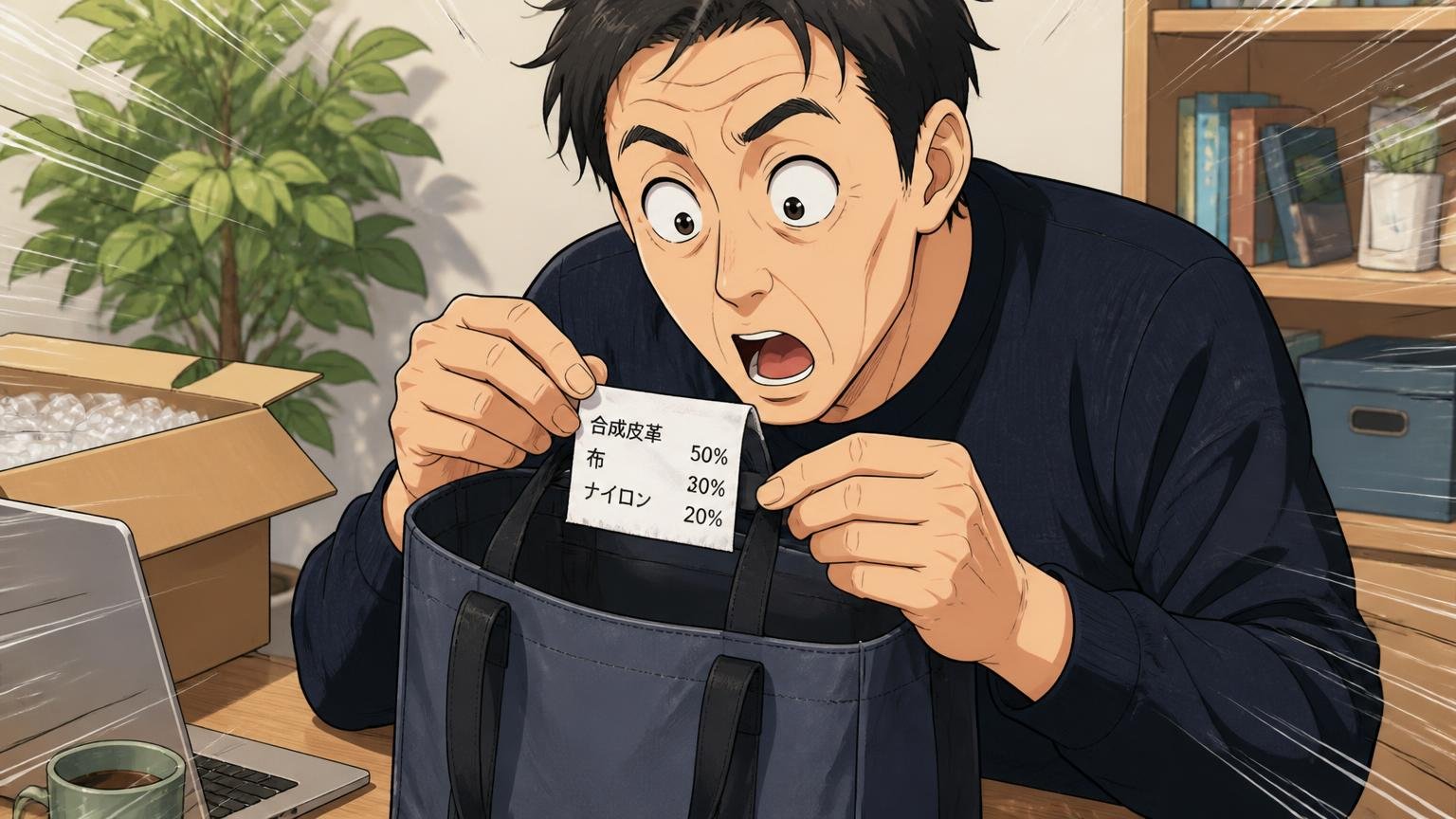 ビジネスバッグの中身は合成皮革と布とナイロン 自宅の机で届いたトートの品質タグを確かめる場面 40代男性1人が驚いて目を丸くする