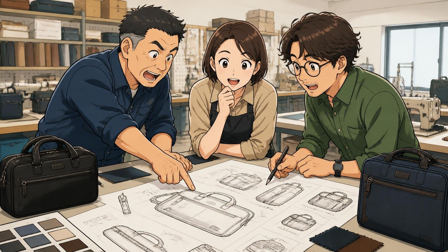 日本のビジネスバッグは「兵庫県豊岡市のスワン株式会社」が手がけるライセンス品。工房の作業台でバッグの図面を広げて話し合う男女3人の場面