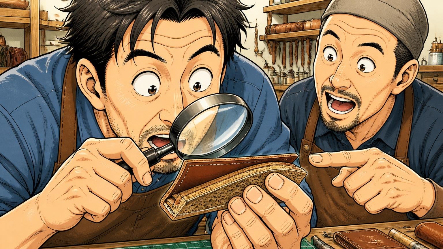 本革の中身は牛床革、革小物の工房で革の断面を虫眼鏡でのぞき込み目を丸くする40代男性と職人