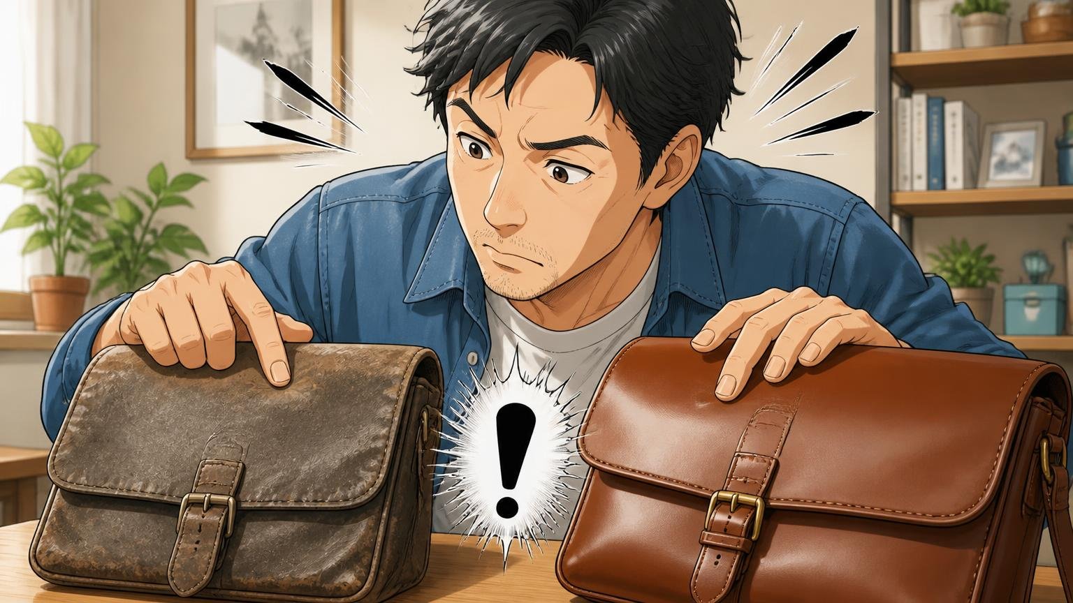 2021年に「床革から牛革」へ素材を見直している 自宅の机の上で新旧2つの革バッグの表面を指でなぞって見比べる40代男性1人