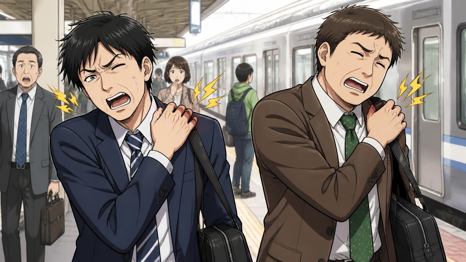 原因② 持ち手が細く、肩の"一点"に重さが集まる 駅のホームで細い持ち手が食い込む肩を押さえて痛がる会社員2人