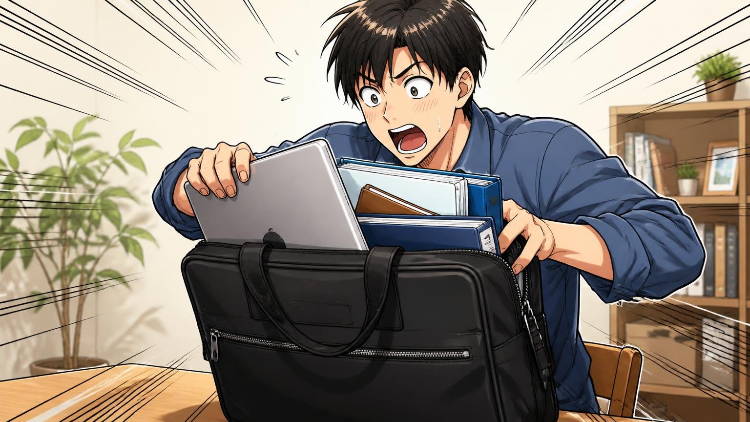 型崩れせず、収納が多いという声、自宅のテーブルでPCや書類をバッグに詰め込み型崩れしないことに驚く男性1人