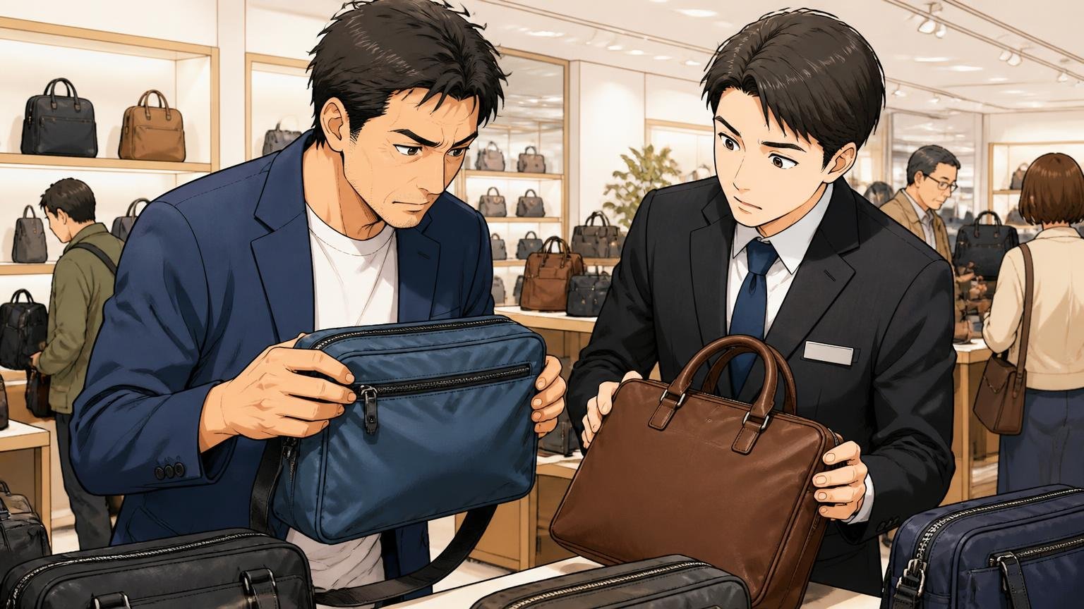 素材はナイロン・ポリエステル｜本革ではない 百貨店のバッグ売り場でナイロンと本革のバッグを触り比べる場面 40代男性1人と店員1人が真剣な表情