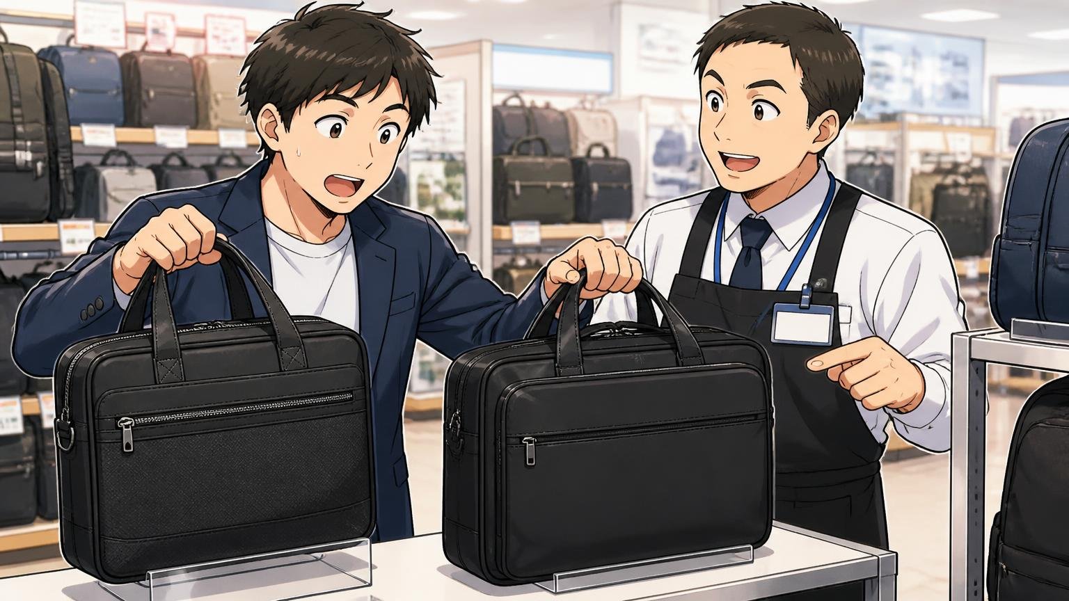 ビジネスバッグはESCAPE'Sとハピタスプラスの2本立て家電量販店のバッグ売り場で2種類のビジネスバッグを見比べる男性1人と店員1人の場面
