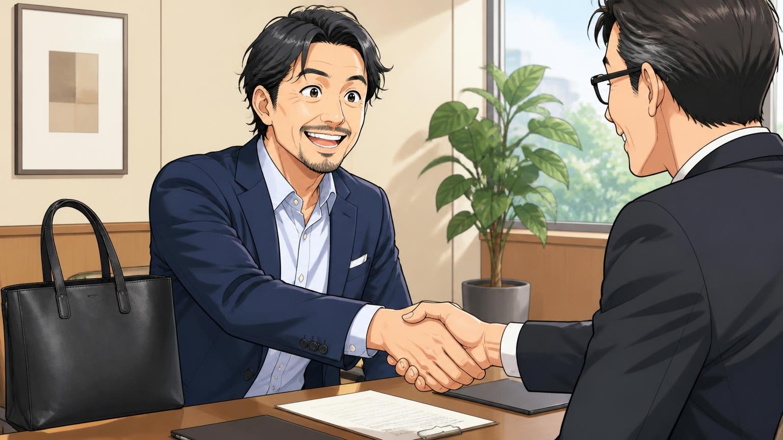 ロゴが主張しないから商談でも休日でも浮かない、商談室のテーブル脇に無地の革トートを置いた40代男性が取引先と和やかに握手する場面