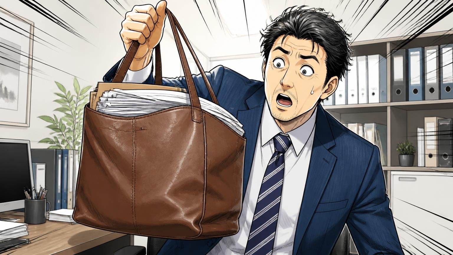 「革なのに軽い」「思った以上に入る」 オフィスのデスク脇で書類をたっぷり詰めた革トートを片手で持ち上げる場面 40代男性1人 驚いた表情