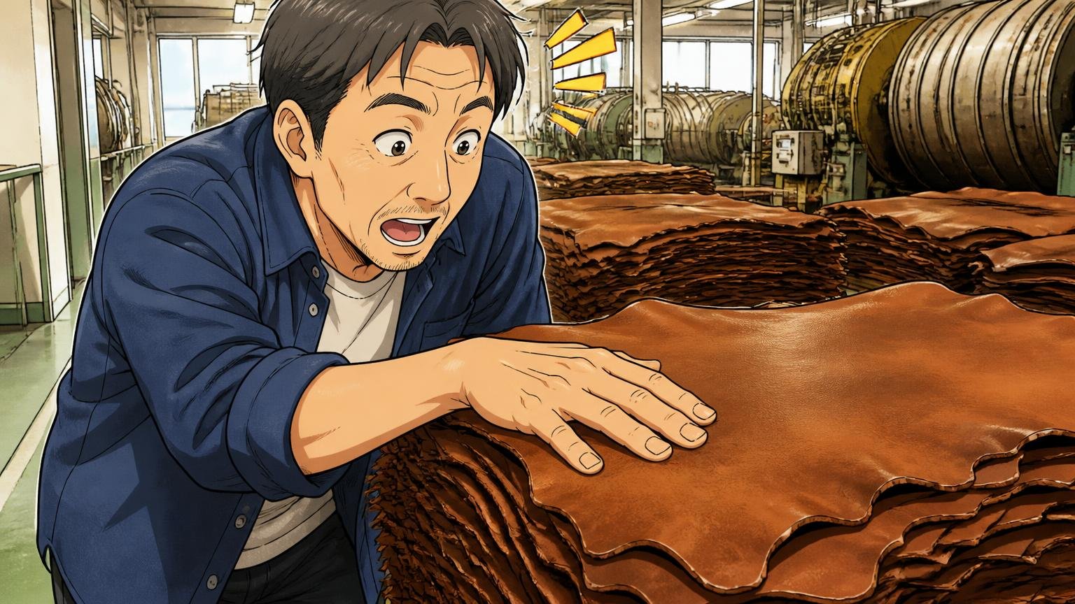 bonoの革は1937年創業の栃木レザー製「植物タンニンなめし」のヌメ革、革工場の見学通路で茶色い革の束に触れて驚く40代男性1人