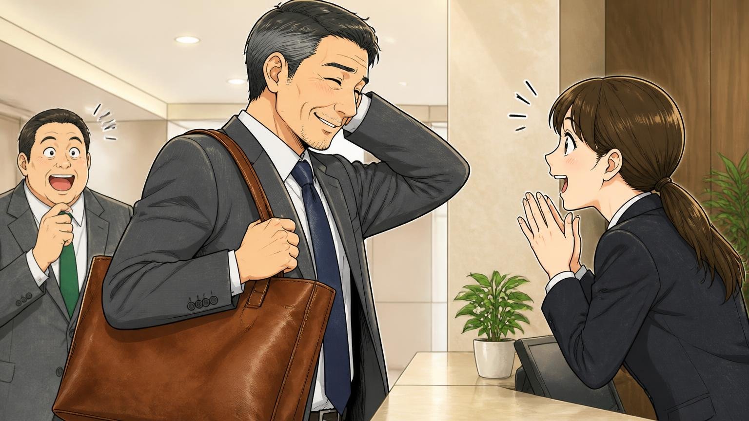 ロゴに頼らない佇まいと色ムラ　取引先の受付で革のトートを持つ50代男性が褒められて照れる場面