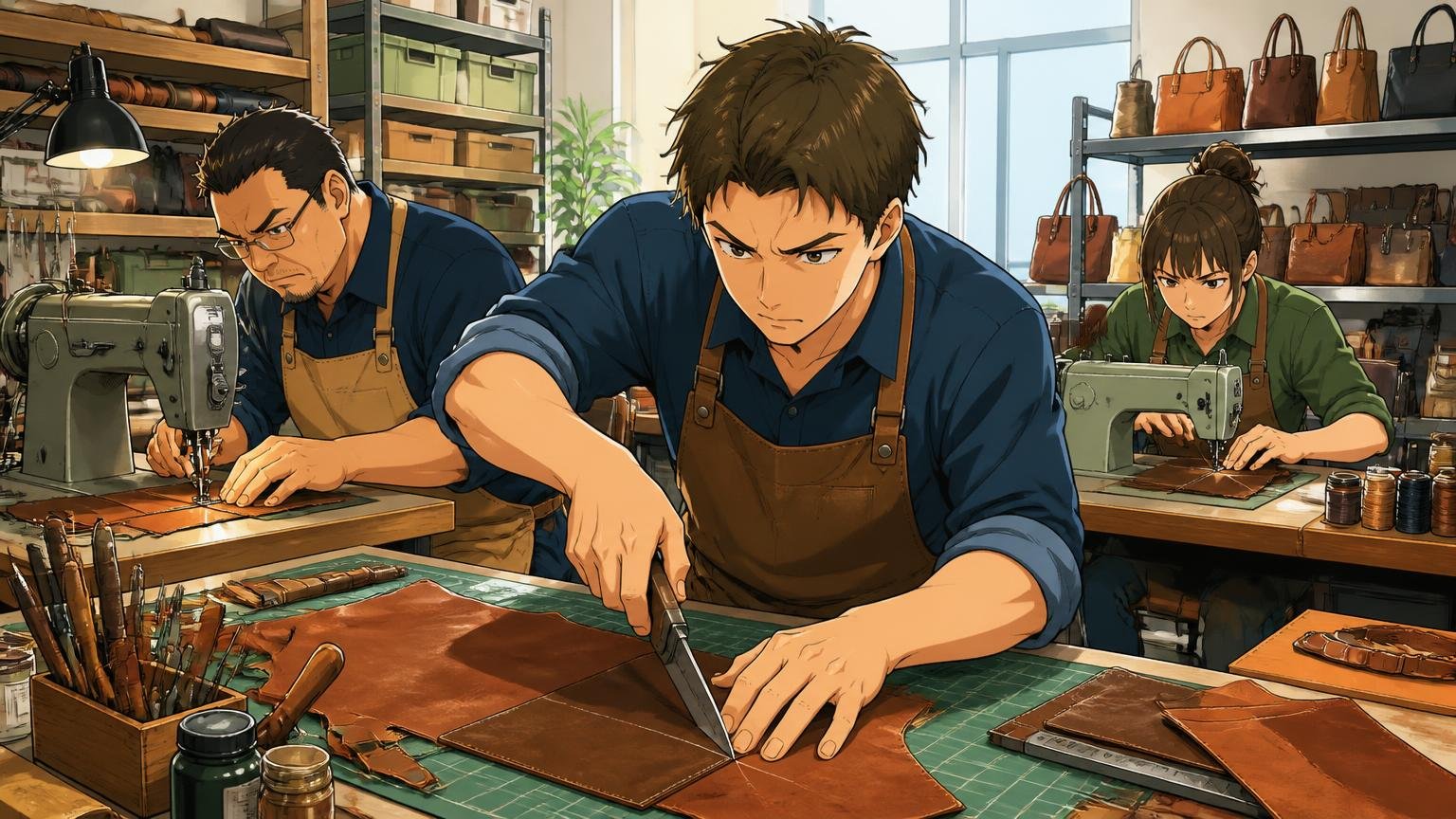 企画から修理まで自社工場で一貫して受け持つ 明るい鞄工場の作業台で革を裁断する場面 職人3人が真剣な表情でミシンと革に向き合う
