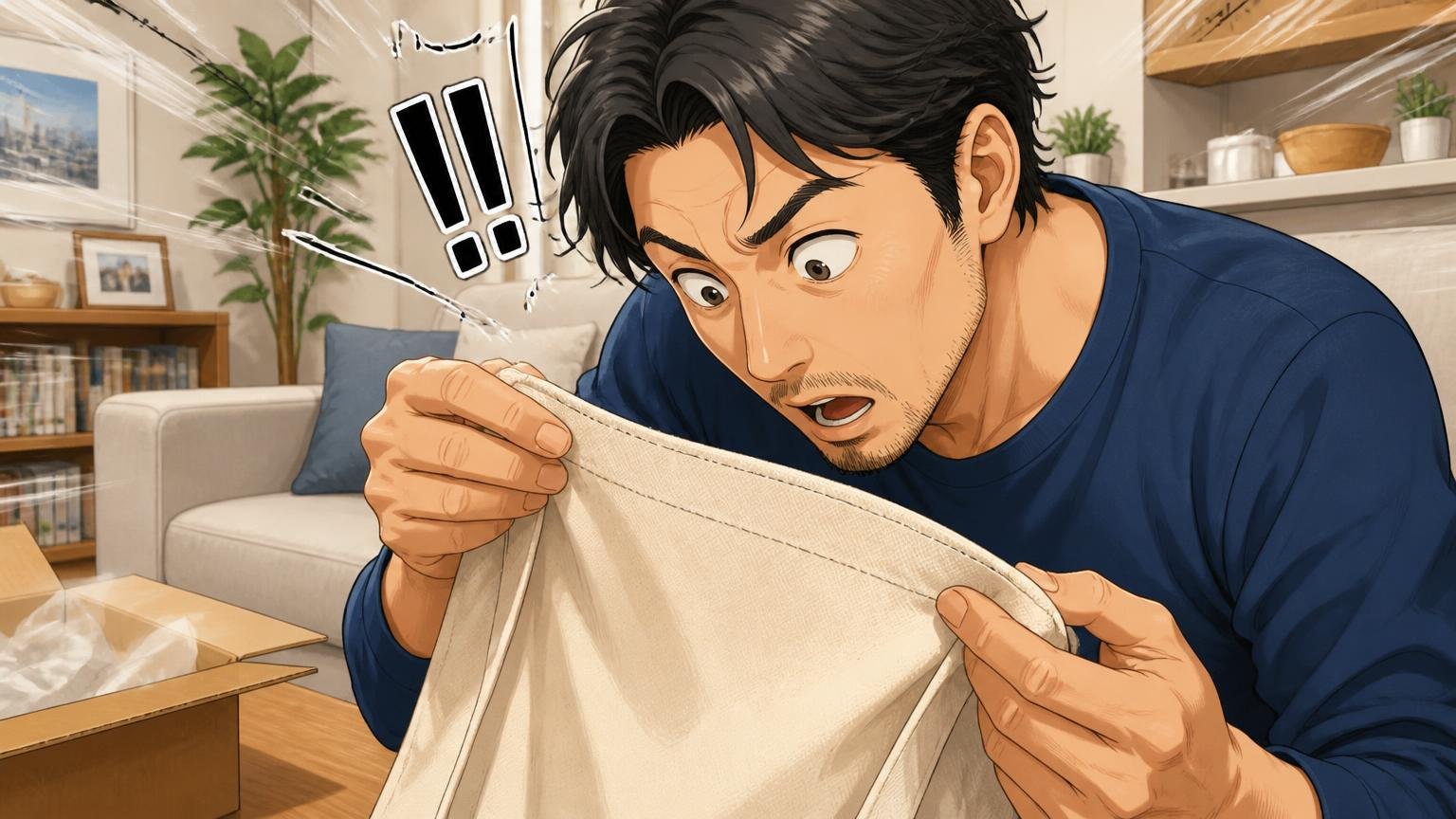 細部まで丁寧な日本の工場らしい作り　自宅のリビングで届いたトートバッグの縫い目を確かめる場面　40代男性1人が顔を近づけて驚く